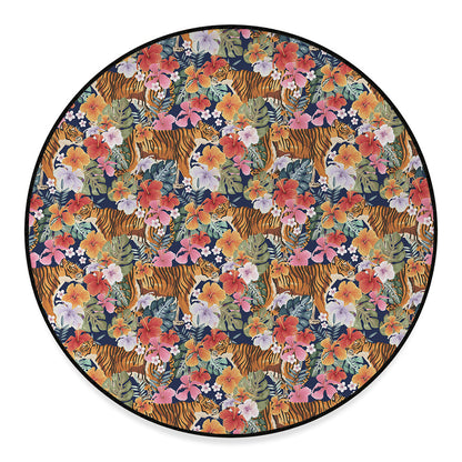 Flower And Tiger Pattern Print Round Floor Mat