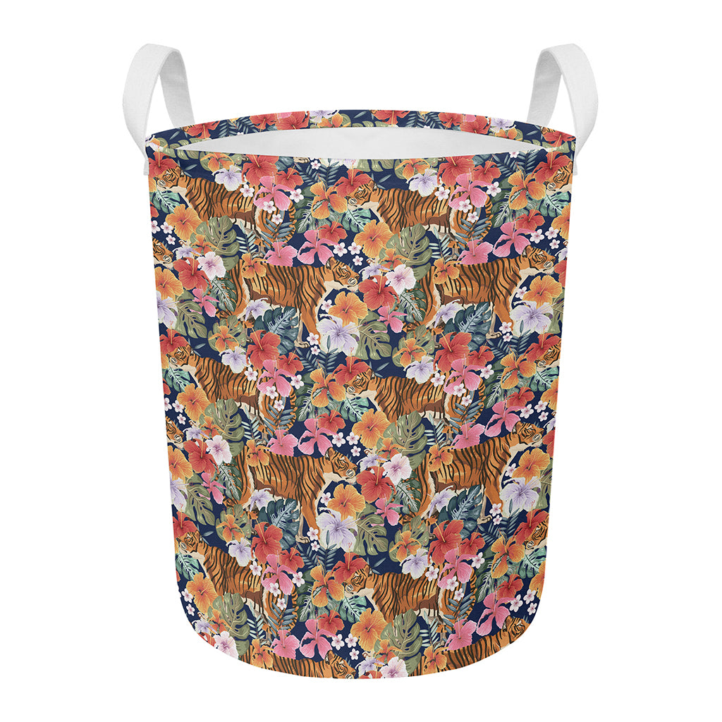 Flower And Tiger Pattern Print Round Laundry Basket