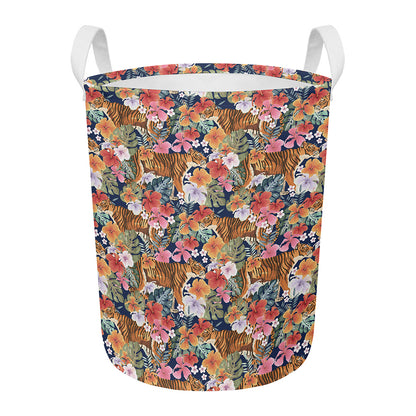 Flower And Tiger Pattern Print Round Laundry Basket