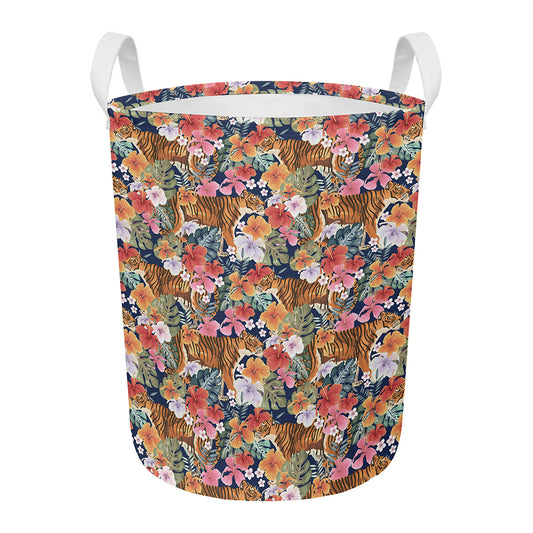 Flower And Tiger Pattern Print Round Laundry Basket
