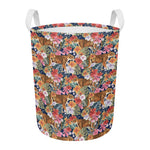 Flower And Tiger Pattern Print Round Laundry Basket