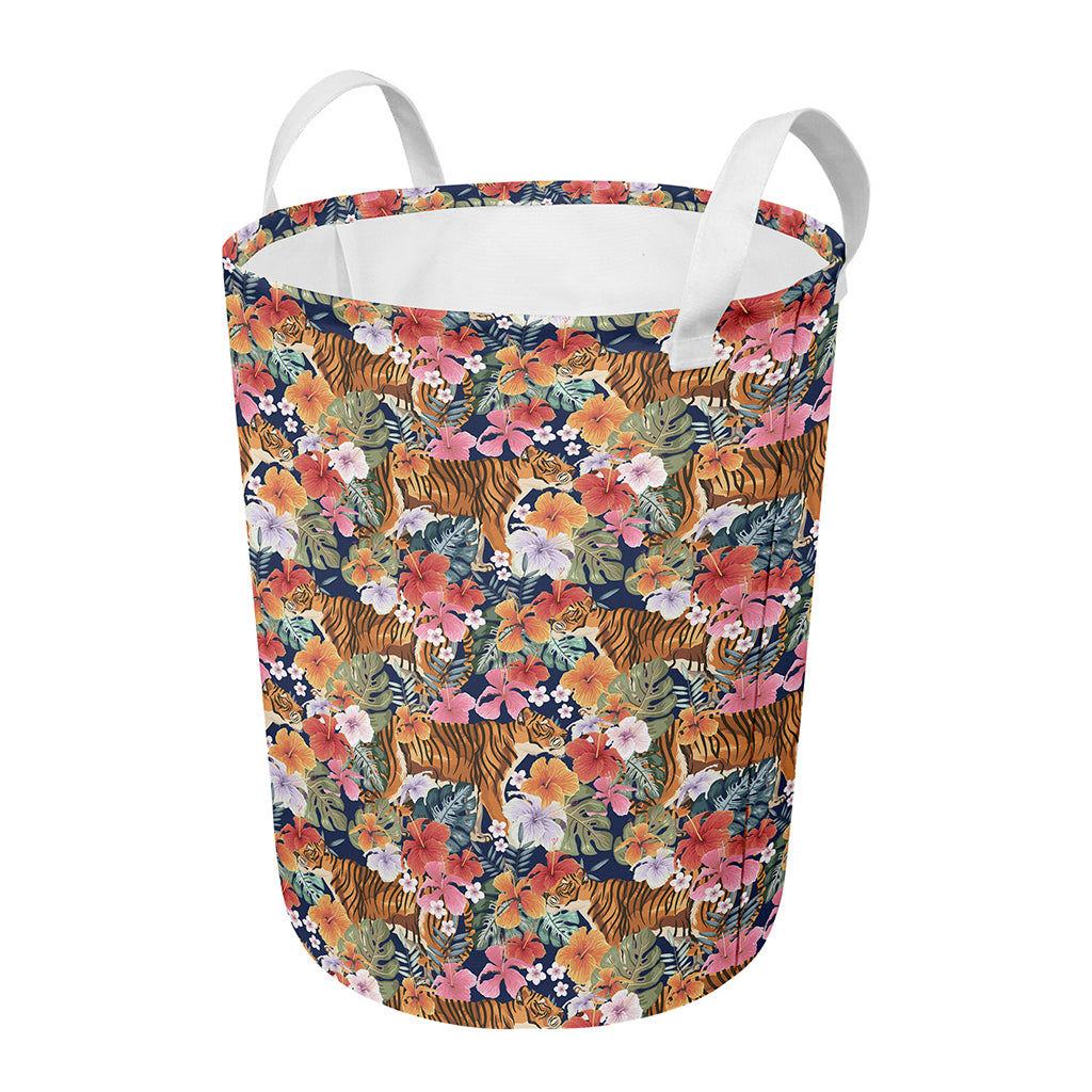 Flower And Tiger Pattern Print Round Laundry Basket