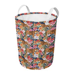 Flower And Tiger Pattern Print Round Laundry Basket