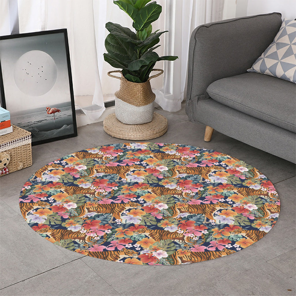 Flower And Tiger Pattern Print Round Rug