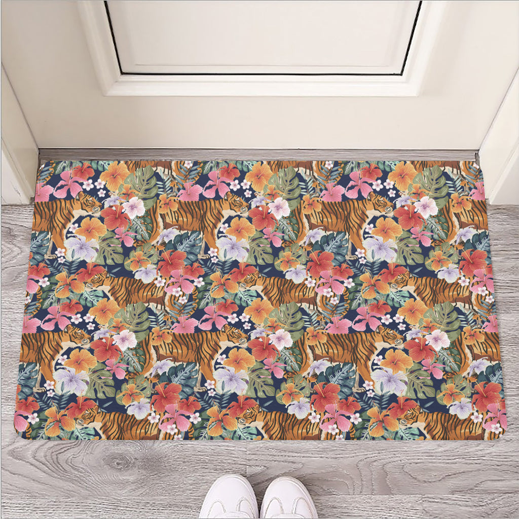 Flower And Tiger Pattern Print Rubber Doormat