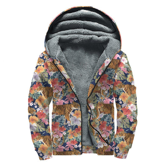 Flower And Tiger Pattern Print Sherpa Lined Zip Up Hoodie