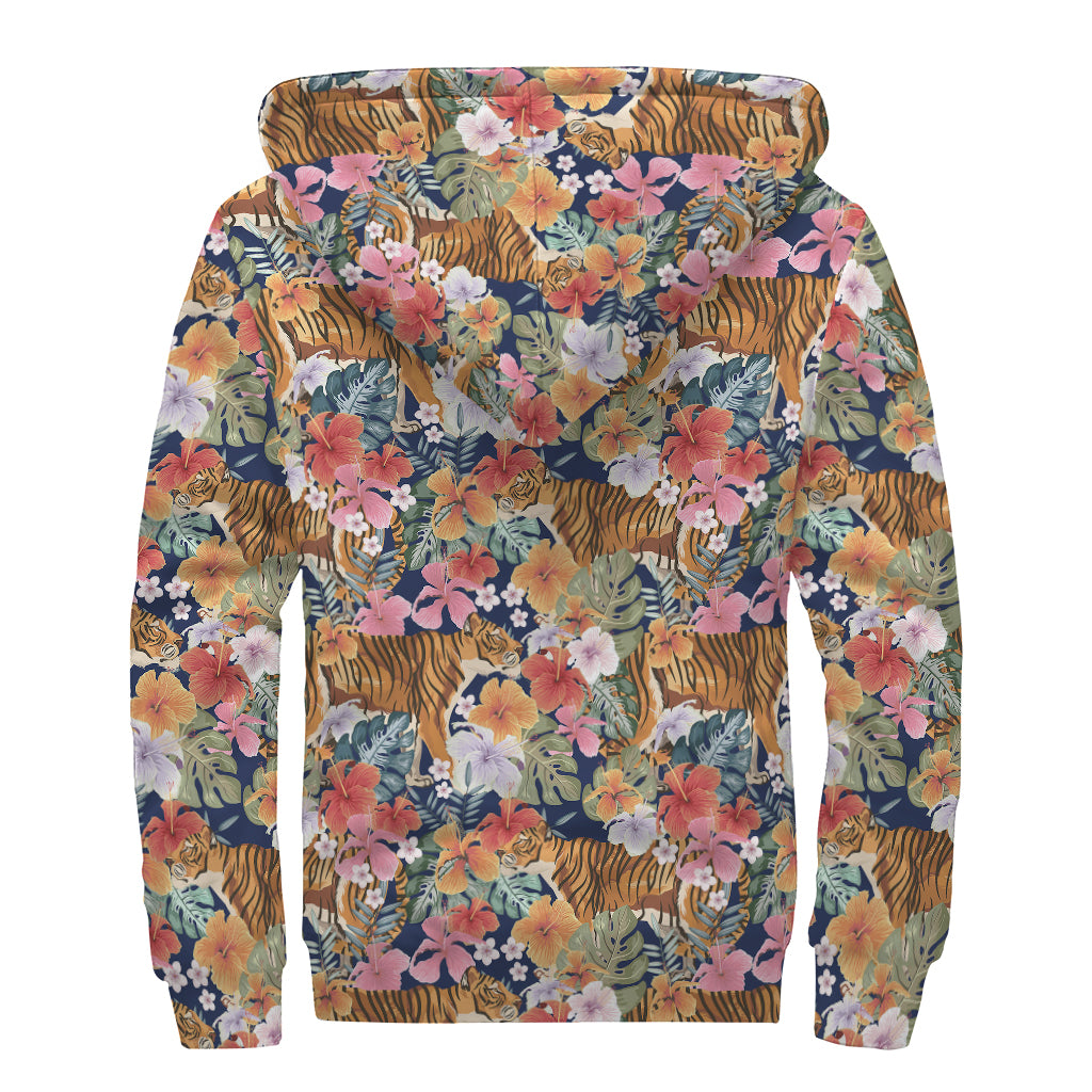 Flower And Tiger Pattern Print Sherpa Lined Zip Up Hoodie