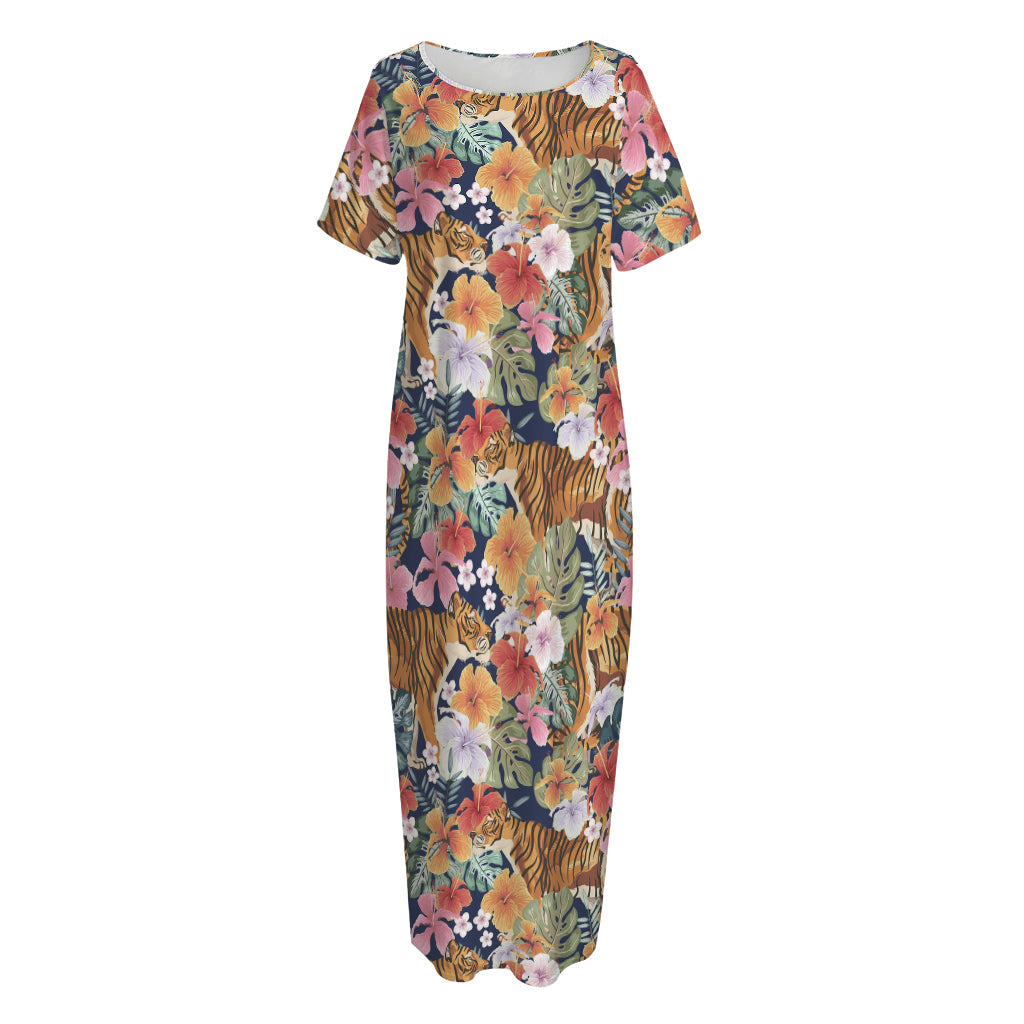 Flower And Tiger Pattern Print Short Sleeve Long Nightdress