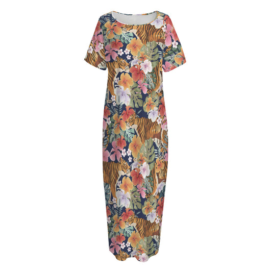 Flower And Tiger Pattern Print Short Sleeve Long Nightdress