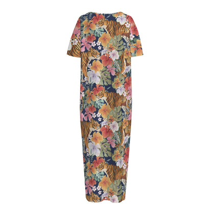 Flower And Tiger Pattern Print Short Sleeve Long Nightdress