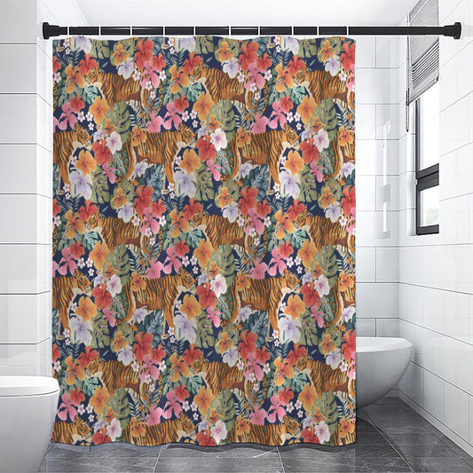 Flower And Tiger Pattern Print Shower Curtain
