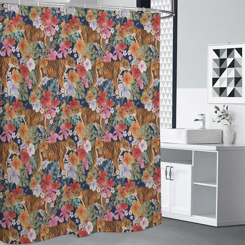 Flower And Tiger Pattern Print Shower Curtain