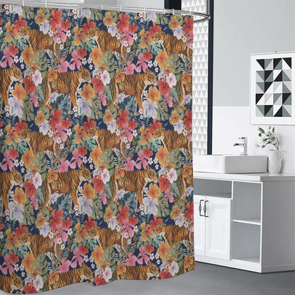 Flower And Tiger Pattern Print Shower Curtain