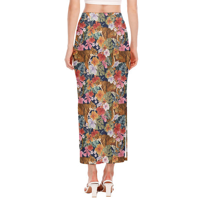 Flower And Tiger Pattern Print Side Slit Maxi Skirt