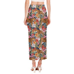 Flower And Tiger Pattern Print Side Slit Maxi Skirt
