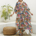 Flower And Tiger Pattern Print Silk V-Neck Kaftan Dress