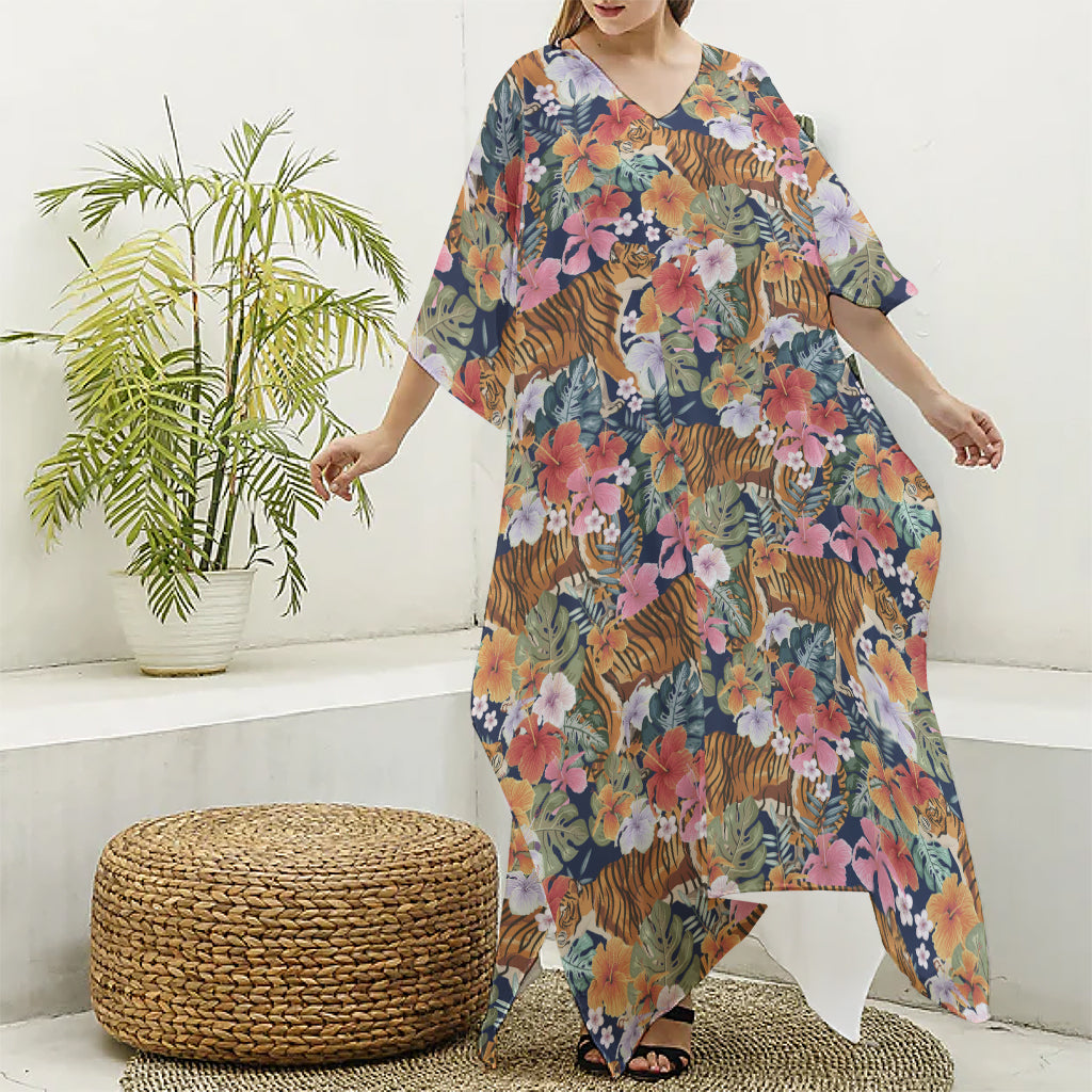 Flower And Tiger Pattern Print Silk V-Neck Kaftan Dress