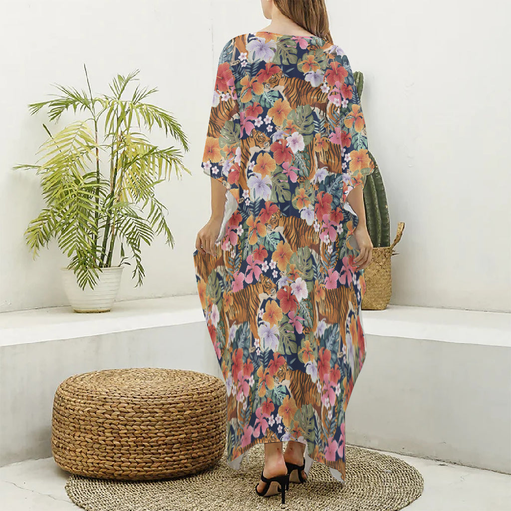 Flower And Tiger Pattern Print Silk V-Neck Kaftan Dress