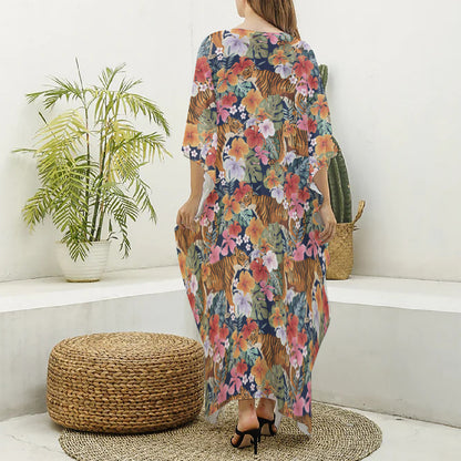 Flower And Tiger Pattern Print Silk V-Neck Kaftan Dress