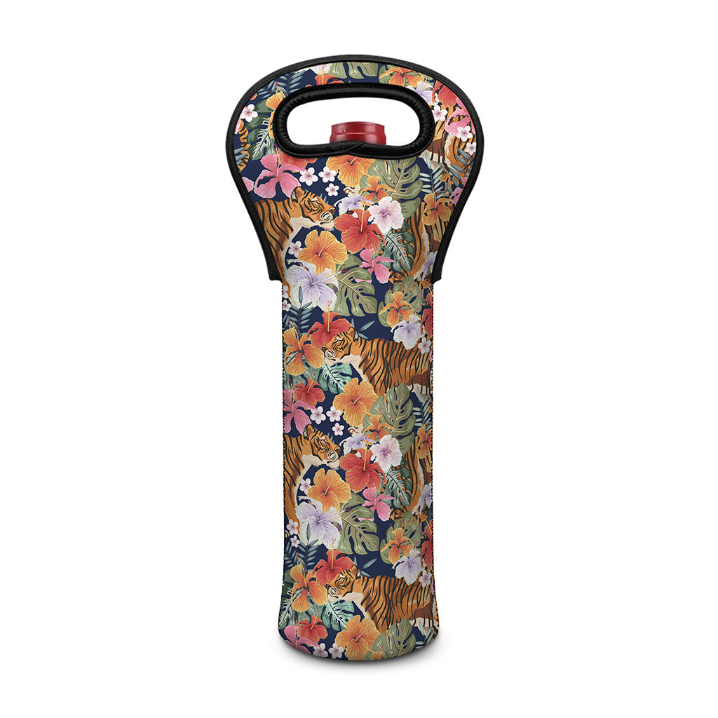 Flower And Tiger Pattern Print Single Neoprene Wine Tote