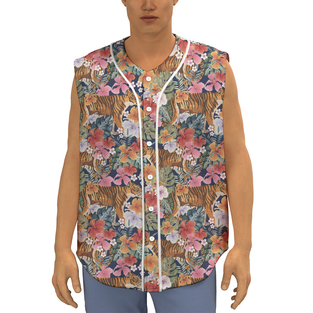 Flower And Tiger Pattern Print Sleeveless Baseball Jersey