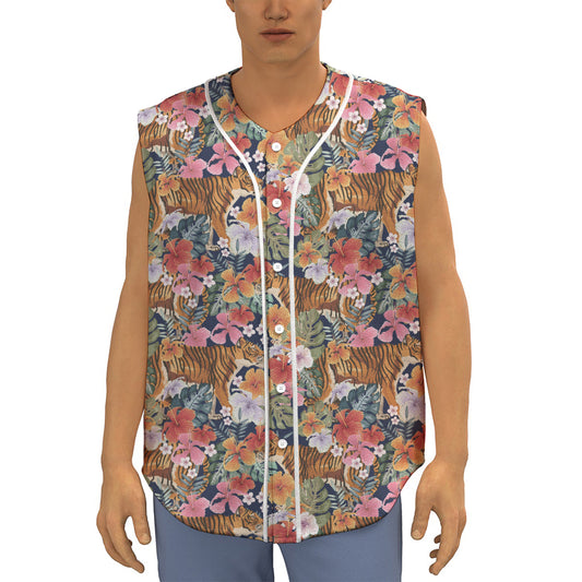Flower And Tiger Pattern Print Sleeveless Baseball Jersey