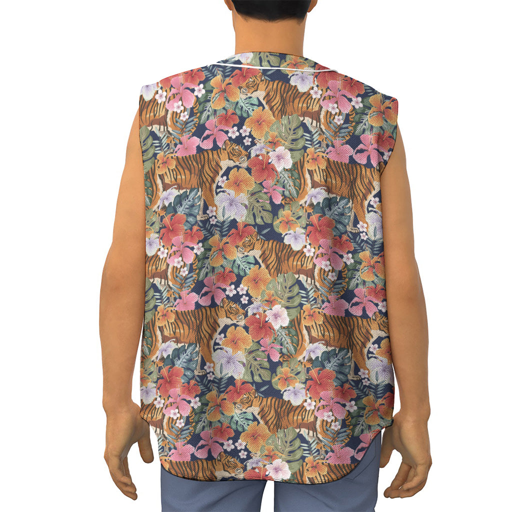 Flower And Tiger Pattern Print Sleeveless Baseball Jersey