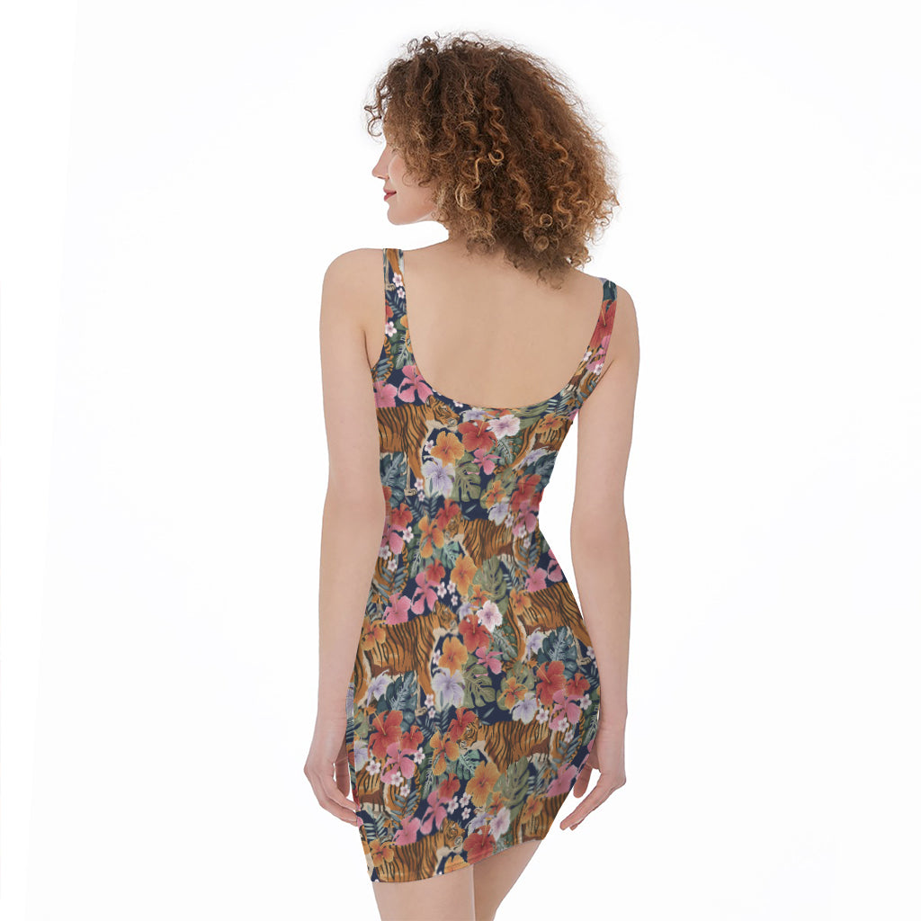 Flower And Tiger Pattern Print Sleeveless Bodycon Dress