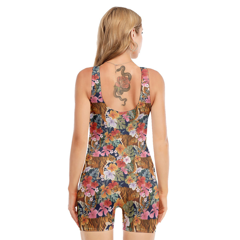 Flower And Tiger Pattern Print Sleeveless One Piece Swimsuit