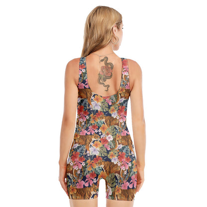 Flower And Tiger Pattern Print Sleeveless One Piece Swimsuit