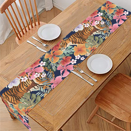 Flower And Tiger Pattern Print Table Runner