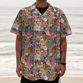 Flower And Tiger Pattern Print Textured Short Sleeve Shirt