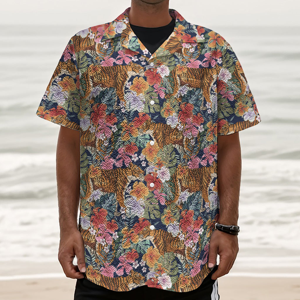 Flower And Tiger Pattern Print Textured Short Sleeve Shirt