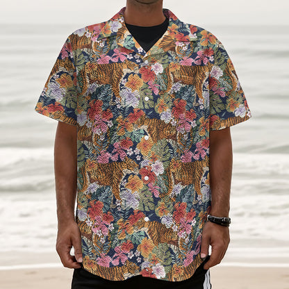Flower And Tiger Pattern Print Textured Short Sleeve Shirt