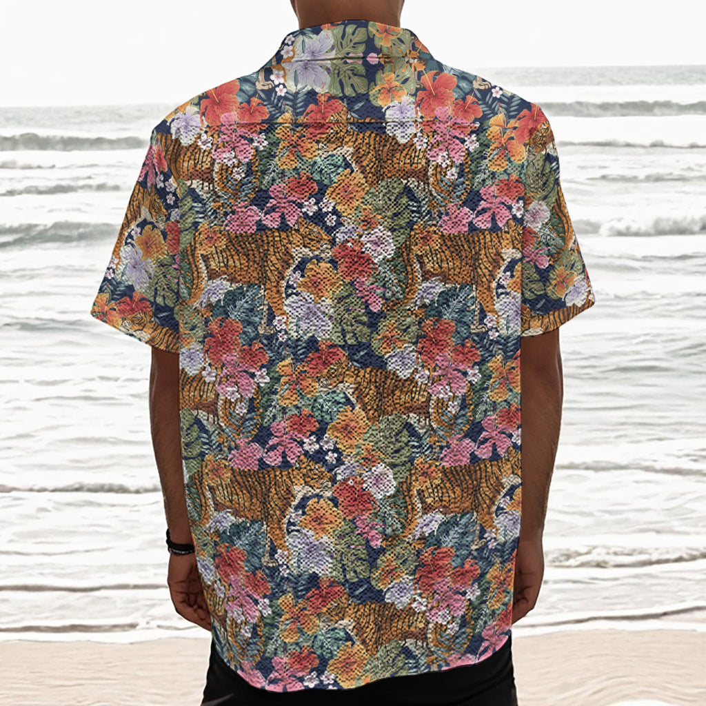 Flower And Tiger Pattern Print Textured Short Sleeve Shirt