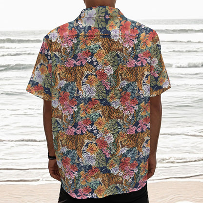 Flower And Tiger Pattern Print Textured Short Sleeve Shirt