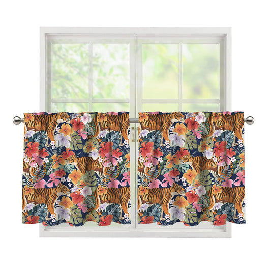 Flower And Tiger Pattern Print Tier Curtains