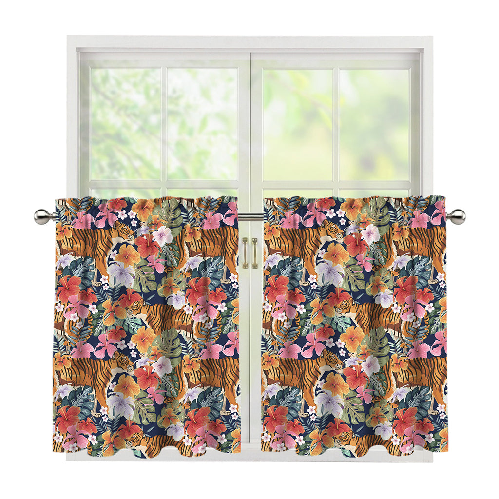 Flower And Tiger Pattern Print Tier Curtains