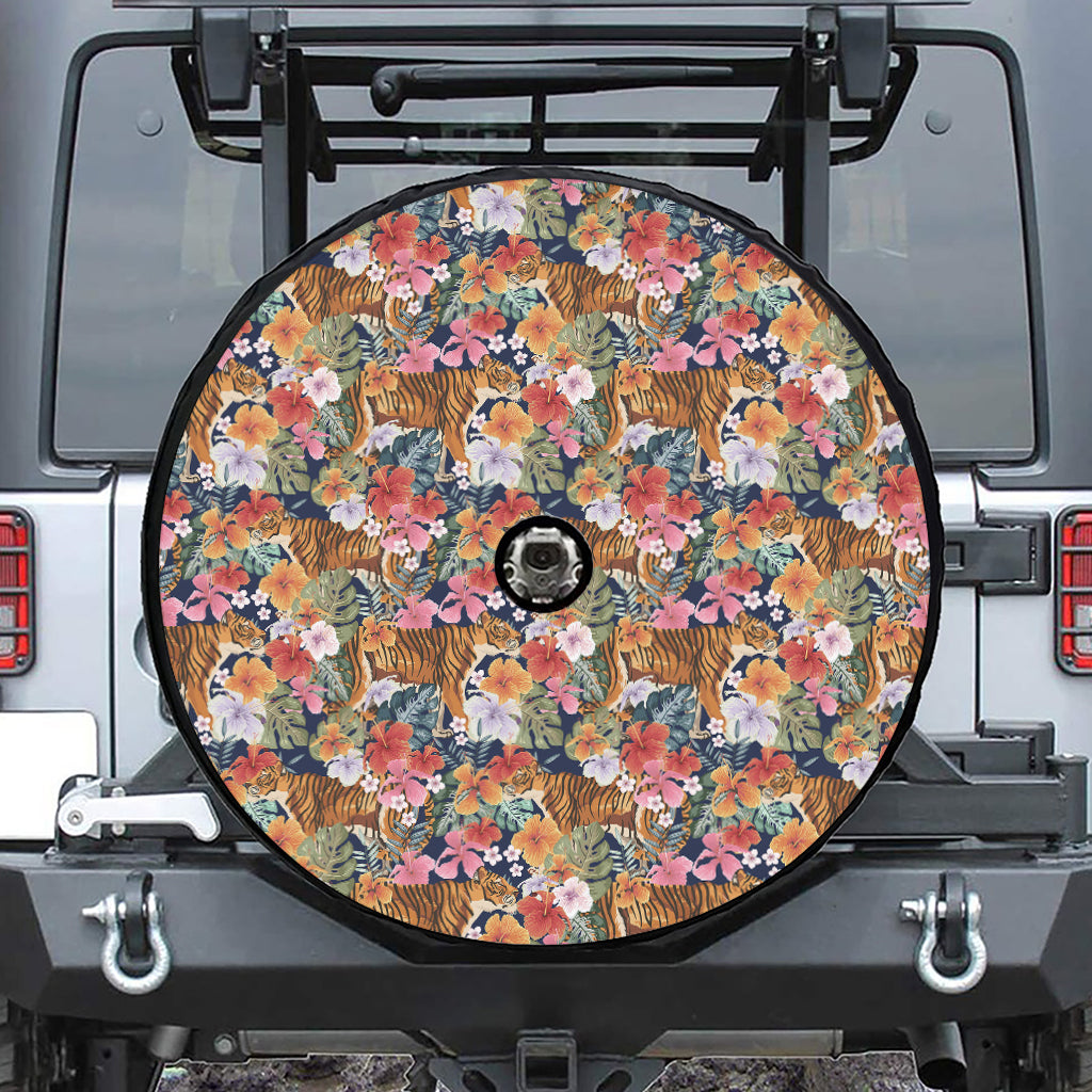 Flower And Tiger Pattern Print Tire Cover With Camera Hole