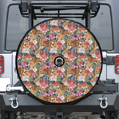Flower And Tiger Pattern Print Tire Cover With Camera Hole