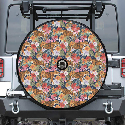 Flower And Tiger Pattern Print Tire Cover With Camera Hole