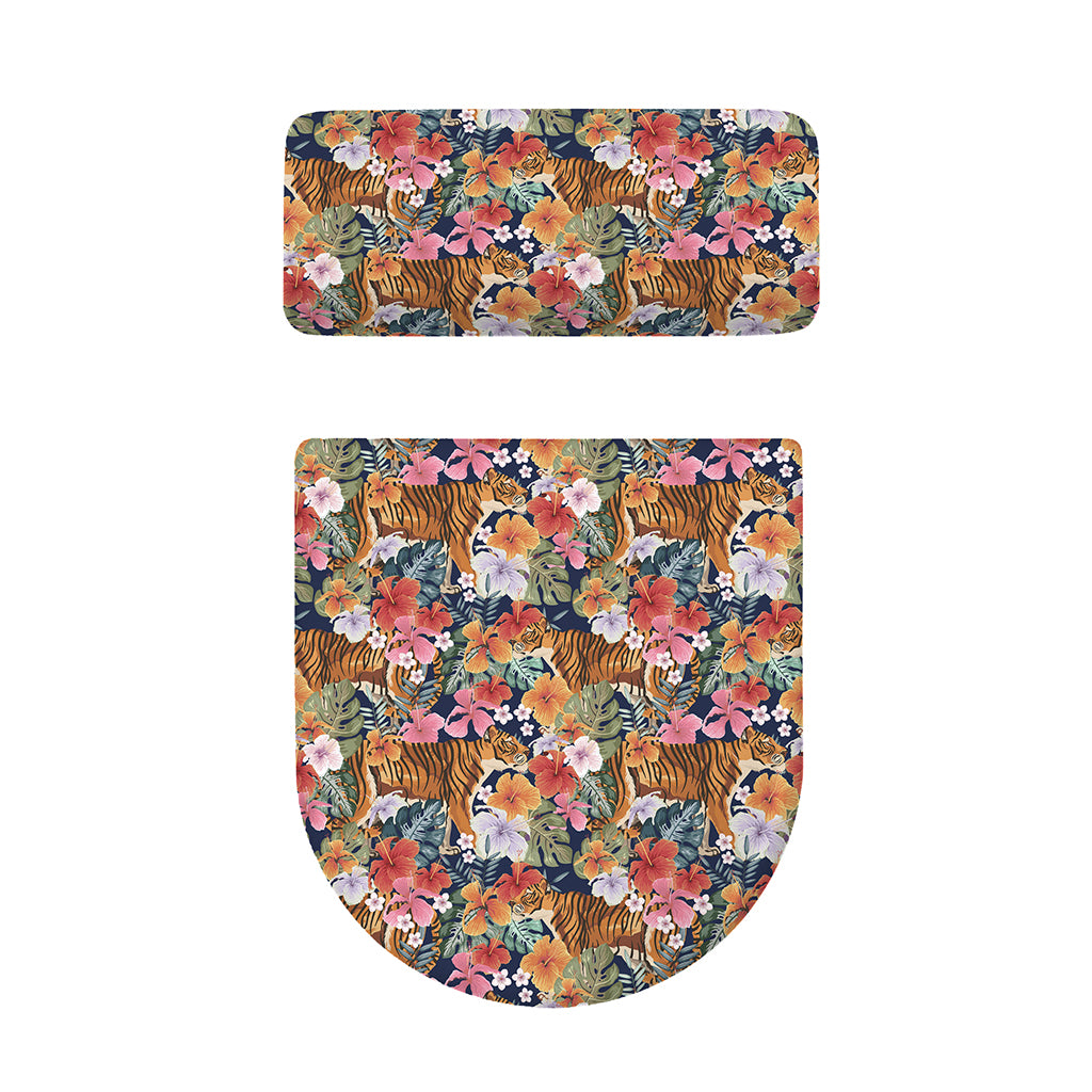 Flower And Tiger Pattern Print Toilet Lid And Tank Cover Set