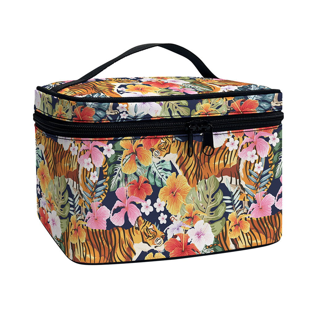 Flower And Tiger Pattern Print Travel Makeup Bag