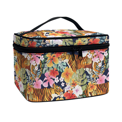 Flower And Tiger Pattern Print Travel Makeup Bag