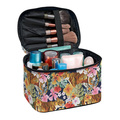 Flower And Tiger Pattern Print Travel Makeup Bag
