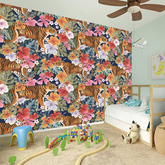 Flower And Tiger Pattern Print Wall Sticker