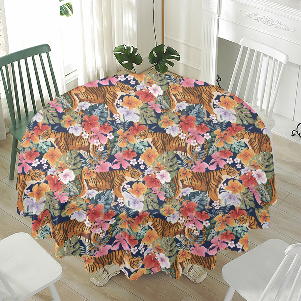 Flower And Tiger Pattern Print Waterproof Round Tablecloth