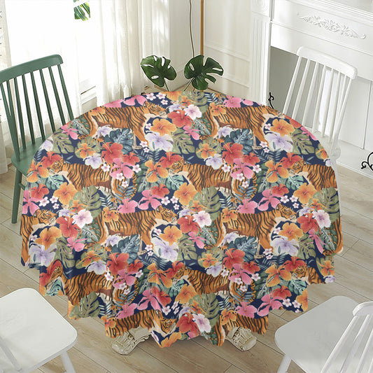 Flower And Tiger Pattern Print Waterproof Round Tablecloth