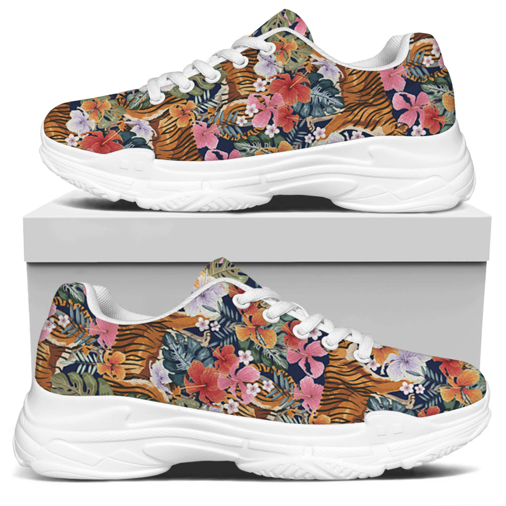 Flower And Tiger Pattern Print White Chunky Shoes