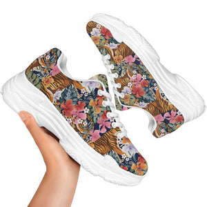 Flower And Tiger Pattern Print White Chunky Shoes